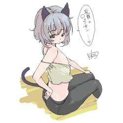 1:1_aspect_ratio animal_ears black_legwear cat_ears cat_tail clothing face female flat_chest green_eyes grey_hair legwear mune nipple_slip panties panties_under_pantyhose pantsu pantyhose pettanko sanya_v_litvyak short_hair sitting solo strap_slip strike_witches tail translated underwear world_witches_series