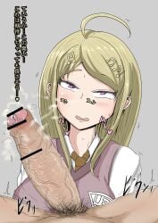 1boy akamatsu_kaede ashinoue_futomomo blonde_hair censor_bar censored danganronpa danganronpa_3 dazed female foreskin foreskin_play foreskin_pull high_resolution japanese_text male musical_note_hair_ornament penis pointless_censoring precum precum_drip pubic_hair retracted_foreskin smell smelly_cock straight_hair very_high_resolution