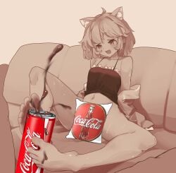 ahoge animal_ear_fluff animal_ears bangs bare_shoulders barefoot bottomless breasts camisole can cat_ears cat_girl censored cleavage coca-cola collarbone company_name couch eyebrows_visible_through_hair feet female hair_between_eyes highres hood hoodie legs_up long_sleeves medium_hair monochrome navel novelty_censor nyatasha_nyanners on_couch open_clothes open_hoodie open_mouth out_of_frame pillow pink_hair pompmaker1 sepia sexually_suggestive simulated_footjob sitting small_breasts soda_bottle soda_can solo_focus spread_legs suggestive_fluid sweat toes virtual_youtuber vshojo wet