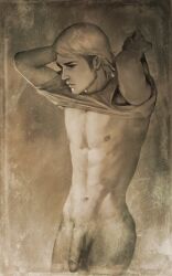 1boy attack_on_titan circumcised genitals jean_kirstein male male_focus male_only monochrome neight painting_(artwork) penis shingeki_no_kyojin shirt_lift solo solo_focus