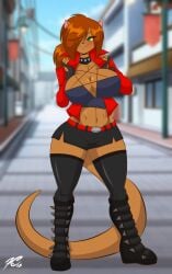 1girls 2022 anthro big_breasts boots breasts brown_fur brown_hair cleavage collar female female_only furry hair_over_one_eye looking_at_viewer mastergodai mrs._amp original original_character punk rodent shorts solo weasel wide_hips