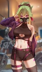 1girls 2022 anime_style blurry_background body_markings breasts female female_only foxy_rain_(foxyreine) foxyrain_(foxyreine) foxyreine genshin_impact green_hair hips indoors kuki_shinobu large_breasts looking_at_viewer mask motorcycle purple_eyes short_shorts shorts skindentation slim_waist tank_top thick_thighs thigh_strap thighs wide_hips