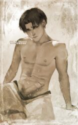 1boy attack_on_titan circumcised circumcision_scar cum_on_penis cum_on_self genitals just_jacked_off levi levi_ackerman male male_only monochrome muscular muscular_male neight penis pubes pubic_hair shingeki_no_kyojin solo solo_focus