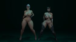 2girls 3d abs batman_(series) big_breasts black_cat_(insomniac) black_cat_(marvel) black_hair breasts casual catwoman catwoman_(injustice) crossover dc dc_comics eyewear felicia_hardy female female_only footwear handwear high_heels huge_breasts human injustice_2 marvel marvel_comics naked nipples selina_kyle spider-man_(ps4) spider-man_(series) thick_thighs thigh_boots thighhighs white_hair wide_hips xxxlolxxx