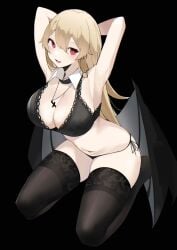 absurdres armpits arms_behind_head bangs bat_wings between_breasts black_background black_bra black_legwear black_panties blonde_hair blush bra breasts cross cross_necklace demon_girl detached_collar female hair_between_eyes heart heart-shaped_pupils highres jewelry lace lace-trimmed_bra lace_trim large_breasts long_hair looking_at_viewer navel necklace original panties picot_trim picot_trim_bra red_eyes side-tie_panties simple_background solo string_panties symbol-shaped_pupils thighhighs underwear underwear_only very_long_hair vioki wings