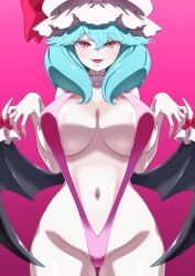 alternate_breast_size alternate_costume alternate_hairstyle areola_slip areolae bat_wings blue_hair breasts collar fangs female fingernails hat hat_ribbon highres ika_daishogun large_breasts long_fingernails long_hair mob_cap nail_polish navel older pink_background pink_eyes pink_swimsuit red_nails remilia_scarlet revision ribbon slingshot_swimsuit slit_pupils swimsuit touhou wing_ornament wings