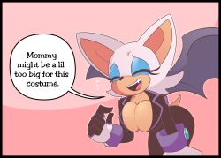 1girls 5_fingers anonymous_artist anthro bat big_breasts breasts cleavage closed_eyes dialogue english_text eyeshadow fangs female female_only fully_clothed gloves hi_res makeup mommy_kink rouge_the_bat solo sonic_(series) sonic_the_hedgehog_(series) tail talking_to_viewer text text_bubble tight_clothing tight_fit white_fur wings