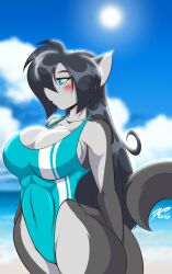 1girls 2022 anthro beach big_breasts black_hair blue_eyes blush breasts chrissy_mccloud cleavage feline feline female female_only furry grey_fur long_hair mastergodai one-piece_swimsuit rascals side_view solo swimsuit wide_hips