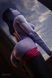 1girls 3d big_ass big_breasts breasts bubble_butt cheerax dat_ass fat_ass female long_hair overwatch pants_down ponytail purple_hair purple_skin topless topless_female widowmaker