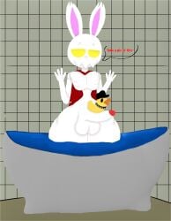 anthro arkedo ash_the_dead_rabbit balancing balls bathroom bathtub bone cape clothing curvy_figure english_text genitals hell_yeah!_wrath_of_the_dead_rabbit hi_res lagomorph leporid male mammal matborowski object_on_penis penis rabbit red_clothing rubber_duck sega skeleton solo tagme text water wide_hips yellow_eyes