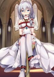 arms_behind_back ball_gag bangs bare_shoulders blue_eyes blush bondage bound bound_ankles breasts bridal_veil chains church commentary_request crossed_legs detached_sleeves dress drooling eyebrows_visible_through_hair feet female gag gagged garter_straps hair_between_eyes hair_ornament hair_over_shoulder highres honkai_(series) honkai_impact_3rd indoors long_hair looking_at_viewer low_ponytail no_shoes photoshop_(medium) ponytail shibari_over_clothes side_cutout sidelocks silver_hair small_breasts socks soles solo tearing_up theresa_apocalypse theresa_apocalypse_(celestial_hymn) thighhighs veil wedding wedding_dress wedding_lingerie white_dress white_legwear yiduan_zhu