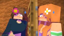 2girls 3d 3d_(artwork) amber_green_(slipperyt) animated armwear big_breasts blue_eyes blush bottomless bottomless_female breasts brown_hair choker digital_media_(artwork) door emoji female female_focus flower_in_hair green_eyes heart horny_female human_female humanoid jenny_belle_(slipperyt) looking_at_viewer mine mine-imator minecraft mp4 nipples no_sound orange_hair outside short_playtime slipperyt smile sweatdrop tagme topless topless_female video watermark