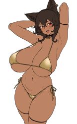 armpits bastet_(houtengeki) bikini black_hair breasts dark-skinned_female dark_skin egyptian female gold_bikini golden_bikini highres houtengeki huge_breasts navel open_mouth original short_hair side-tie_bikini simple_background smile solo swimsuit white_background