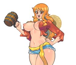 1girls areolae bangs beer big_breasts booty_shorts breasts breasts_exposed clothing crossplay curvy edu_pompom female female_focus female_only hand_on_hip highres holding_object human jean_shorts jeans large_breasts long_hair long_sleeves looking_at_viewer monkey_d_luffy_(cosplay) mug nami navel nipples no_bra one_piece open_mouth open_shirt orange_eyes orange_hair post-timeskip red_shirt revealing_clothes shiny_skin short_shorts simple_background skimpy skimpy_clothes solo solo_female straw_hat teeth thick_thighs thighs tongue topless_cosplay voluptuous white_background yellow_sash