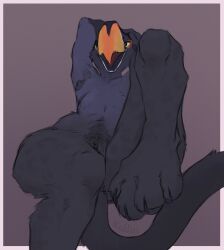 absurd_res anthro avian beak bird black_body black_fur breasts domestic_cat feet felid feline felis female foot_focus fur furry furry_only genitals hi_res hybrid katlin looking_at_viewer mammal mira_(wetchop) naked nipples nude paws pussy signature simple_background smile solo tail toes tongue toucan