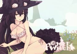 animal_ears bangs black_hair black_headwear blush breasts cleavage cloud cloudy_sky ears_through_headwear eyebrows_visible_through_hair female floral_background flower_witch fox_ears fox_tail hat logo long_hair looking_at_viewer lowres misinkojou monster_girl open_mouth sky solo swimsuit tail witch witch_hat