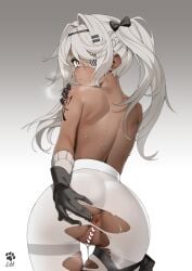 anus arm_tattoo artist_name ass back bangs black_gloves censored clothes_lift cowboy_shot dark-skinned_female dark_skin ett eyepatch female from_behind girls'_frontline gloves gradient gradient_background hair_between_eyes hair_ornament hairpin heart heart_censor high-waist_pantyhose hs.50_(girls'_frontline) long_hair looking_at_viewer looking_back median_furrow pantyhose pussy pussy_juice pussy_juice_trail shirt_lift shoulder_blades signature simple_background solo spread_anus spread_ass sweat tattoo thigh_gap thighband_pantyhose thighs torn_clothes torn_legwear twintails underwear white_eyes white_hair white_legwear