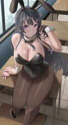 1girls big_breasts black_hair breasts bunny_ears bunny_girl bunnysuit female leotard long_hair pantyhose sakurajima_mai seishun_buta_yarou_wa_bunny_girl_senpai_no_yume_wo_minai silvertsuki solo thick_thighs