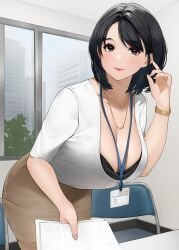 absurdres bangs big_breasts black_hair blush bra bra_peek breasts brown_eyes brown_pantyhose brown_skirt chair female female female_focus formal highres id_card indoors lanyard large_breasts leaning_forward looking_at_viewer married_woman mature_female medium_hair milf nail_polish office office_lady original original_character pantyhose pencil_skirt pink_lips ring sakuranotomoruhie shirt short_sleeves skirt smile white_shirt wife wristwatch