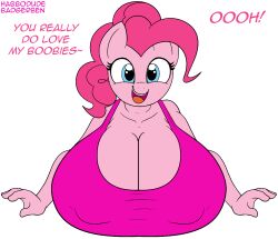 anthro badgerben big_breasts blue_eyes breasts cleavage clothed clothing english_text equid equine female female_focus female_only friendship_is_magic habbodude hasbro huge_breasts mammal my_little_pony nipple_outline pink_hair pinkie_pie_(mlp) straight_hair text