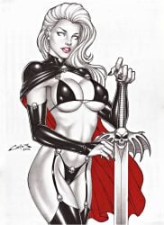 1girls big_boobs capelet carlos_braga chaos_comics death_(personification) dominant_female ed_benes_studio grim_reaper holding_sword lady_death latex_boots latex_legwear latex_stockings latex_suit latex_thighhighs queen_of_the_dead seductive_eyes seductive_look seductive_smile tagme