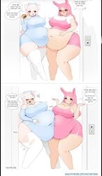 2girls bbw bellies_touching belly_expansion big_belly fat iggy_(instant_girl) instant_girl multiple_girls overweight overweight_female ripped_clothing ripped_pantyhose ripping weight_gain