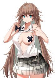 1girls absurdres aqua_eyes azur_lane bandaid bandaids_on_nipples bangs big_breasts black_bow black_bowtie black_pasties blouse bow bowtie breasts brown_hair catnnn cleavage collared_shirt cowboy_shot crossed_bandaids crossed_bangs eyebrows_visible_through_hair female female_only grey_skirt hair_between_eyes highres impero_(azur_lane) impero_(languid_librarian)_(azur_lane) large_breasts long_hair looking_at_viewer loose_bowtie miniskirt official_alternate_costume one_breast_out open_clothes open_shirt pasties plaid plaid_skirt sardegna_empire_(azur_lane) shirt simple_background skirt sleeveless sleeveless_shirt standing undressing very_long_hair white_background white_shirt x_pasties