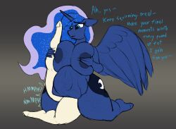 absurd_res alicorn anthro areola big_breasts breasts crazy_water cutie_mark dialogue digital_media_(artwork) duo english_text equid equine eyebrows eyelashes female female_pred fingers friendship_is_magic hasbro hi_res horn huge_breasts large_breasts mammal my_little_pony nipples nude princess_luna_(mlp) simple_background text unbirthing vore wings