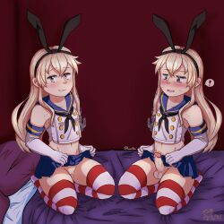 1boy 1girls bed blush bottomless embarrassed erection femboy kantai_collection peakek penis precum pussy pussy_juice shimakaze-kun shimakaze_(kantai_collection) skirt_lift smiling_at_viewer smirking_at_viewer striped_legwear thighhighs