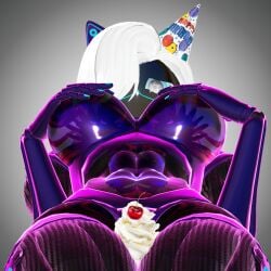 abs birthday birthday_cake birthday_hat blue_eyes cat_ears cat_tail covered_nipples covering_breasts kimpleclone kimpleclone_(artist) long_hair muscular robot robot_girl vrchat white_hair