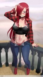 1girls blush clothed erza_scarlet fairy_tail female female_only horny kantarella navel_piercing pinup red_hair slutty_outfit solo visible_nipples whentai