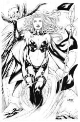 2022 big_breasts breasts chaos_comics coffin_comics death_(personification) dominant_female ed_benes_studio female female_only goddess grim_reaper hi_res highres holding_scythe holding_skull lady_death large_breasts latex_suit leo_matos long_hair looking_at_viewer monochrome queen_of_the_dead scythe seductive_look skin_tight skull