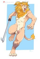 absurd_res anthro claws felid genitals hi_res lion male mammal melee_weapon negger pantherine penis roaring solo sword teeth ven_(lion) weapon