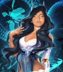 1girls avery_(tattiart) black_hair curvaceous curvy curvy_female curvy_figure female female_focus female_only glowing_eyes light-skinned_female light_skin long_hair oc orange_eyes original original_character pointy_ears pose posing solo solo_female tattiart voluptuous