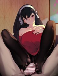 1boy 1girls absurdres bar_censor black_hair black_legwear breasts censored dress earrings feet female footjob gold_earrings hair_down hairband highres human jewelry large_breasts long_hair long_sleeves male off-shoulder_sweater off_shoulder pantyhose penis puk red_eyes red_nails red_sweater solo_focus spy_x_family straight sweater sweater_dress white_hairband yor_briar