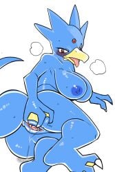 absurd_res animal_genitalia anthro anthrofied ass beak big_breasts blue_body blue_nipples blush bodily_fluids breasts butt_grab cloaca cloaca_juice female genital_fluids genitals glistening glistening_body golduck hand_on_butt hi_res looking_back membrane_(anatomy) nintendo nipples nude open_mouth pizademokttero pokémon_(species) pokemon presenting presenting_cloaca red_eyes simple_background solo spread_cloaca spreading steam sweat tongue tongue_out video_games webbed_feet webbed_hands white_background