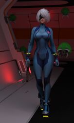 1girls 3d 3d_(artwork) alien big_breasts blindfold blue_bodysuit bodysuit breasts cosplay crossover crossover_cosplay curvaceous curvy_figure daz3d daz_studio female hallway high_heels human imminent_rape metroid metroid_(creature) nier:_automata oblivious pin3d samus_aran_(cosplay) sci-fi white_hair yorha_2b zero_suit zero_suit_samus_(cosplay)