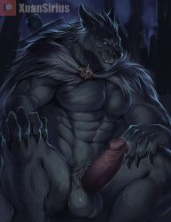 anthro balls blaidd_(elden_ring) canid canine canis cape clothing elden_ring fromsoftware fur furry genitals male male_focus male_only male_solo mammal penis purple_eyes solo solo_male video_games wolf xuan_sirius