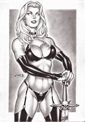 big_penis black_lipstick carlos_braga chaos_comics dominant_female ed_benes_studio femme_fatale lady_death latex_bra latex_clothing latex_gloves latex_thong long_hair queen_of_the_dead seductive_look sword tagme white_hair white_skin