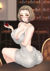 1girls alcohol alternate_costume ass ass_cleavage back backless_outfit bare_back bare_shoulders bare_thighs beauty_mark big_ass blush breasts brown_eyes brown_hair butt_crack chair choker cleavage collarbone crossed_legs cryptid_crab date drunk eyeshadow female female_only fire_emblem fire_emblem:_three_houses glass indoors large_breasts lipstick looking_at_viewer looking_back makeup manuela_casagranda mole mole_on_breast mole_under_eye nintendo on_table orange_eyeshadow orange_lips orange_lipstick revealing_clothes short_hair sitting smile solo table thighs wine