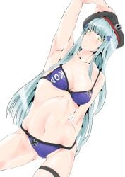 absurdres aqua_hair arm_behind_back arm_up beret bikini bikini_bridge blush breasts character_name cleavage contrapposto cross female girls'_frontline hand_on_headwear hat highres hk416_(girls'_frontline) iron_cross kimuwaipu long_hair medium_breasts navel peace_symbol peace_symbol_pin purple_bikini sidelocks solo swimsuit thighs white_background