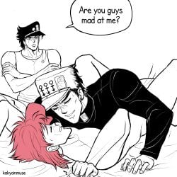 3boys anal clothed_sex dialogue diamond_is_unbreakable dilf english_text gay ignored ignoring_another implied_penetration implied_sex jojo's_bizarre_adventure jotaro_kujo kakyoinmuse looking_pleasured male male/male male_on_male male_only noriaki_kakyoin partially_colored penetration red_hair speech_bubble stardust_crusaders yaoi