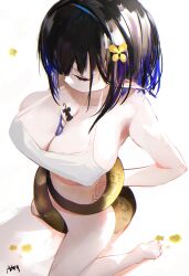 absurdres arknights arm_behind_back artist_name bangs bare_shoulders between_breasts black_hair blue_hair bottomless breasts camisole cleavage closed_eyes crop_top eunectes_(arknights) female female flower from_above hair_flower hair_ornament highres kneeling large_breasts medium_hair multicolored_hair omone_hokoma_agm pointy_ears signature snake_tail solo sweat tail tail_censor tail_wrap white_background yellow_flower