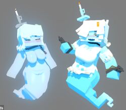 2girls 3d 3d_(artwork) allie_(slipperyt) anthro bedroom_eyes blush breasts candle candlestick chains clothing featureless_breasts female female_only ghost ghost_girl ghost_tail light_blue_skin looking_at_viewer mine-imator minecraft no_nipples open_mouth pussy sharp_teeth simple_background slipperyt white_hair