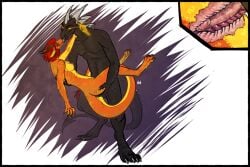 3:2 anthro black_body black_scales dragon duo esa female glowing glowing_markings hair horn internal kissing male male/female markings orange_body orange_scales penetration red_hair scales shadowwolfhunter victus_(victdrag)