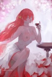 2bells1ravine alcohol artistic_nudity breasts closed_eyes crossed_legs cup dress drinking_glass hair_between_eyes hair_ornament himeko_(honkai:_star_rail) holding_wine_glass honkai:_star_rail honkai_(series) legs long_hair medium_breasts navel nipples painting_(artwork) red_hair smile topless wine wine_glass