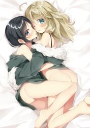 2girls ass barefoot bed_sheet black_hair blonde_hair blue_eyes bottomless chito_(shoujo_shuumatsu_ryokou) closed_eye fur girls'_last_tour hugging jacket multiple_girls pants_removed pantsless shoujo_shuumatsu_ryokou smiling unknown winking yuri yuuri_(shoujo_shuumatsu_ryokou)