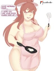 1girls apron apron_only big_breasts breasts brown_hair chubby cleavage cooking cunny-side_up dialogue doki_doki_literature_club egg_yolk eggs english_text frying_pan green_eyes lewddoodler long_hair looking_at_viewer monika_(doki_doki_literature_club) naked_apron obese pan pink_apron ponytail solo solo_female spatula stepfordization talking_to_viewer text