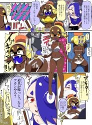 94usa big_man_(splatoon) blue_hair bra cephalopod_eyes cephalopod_humanoid comic dark-skinned_female deep_cut_(splatoon) dialogue frye_(splatoon) inkling nintendo octoling octopus_girl panties penalty_game red_eyes shiver_(splatoon) splatoon splatoon_3 squid_girl tagme tentacle_hair text usa_(dai9c_carnival) white_panties yellow_hair