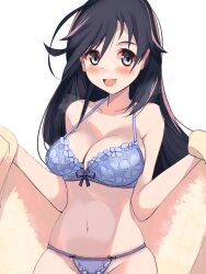 :d ahoge bangs black_eyes black_hair blazeillust blue_bra blue_panties blush bra breasts cleavage commentary female girls_und_panzer highres holding holding_towel isuzu_hana large_breasts long_hair looking_at_viewer navel open_mouth panties simple_background smile solo towel underwear underwear_only white_background